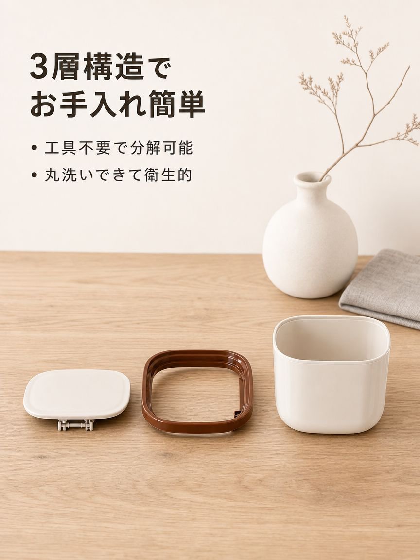 コンパクトサイズのクリーム風ゴミ箱の使用イメージ