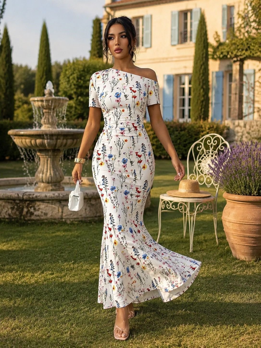 Robe de soirée longue femme épaule dénudée  imprimé fleuri coupe sirène moulante