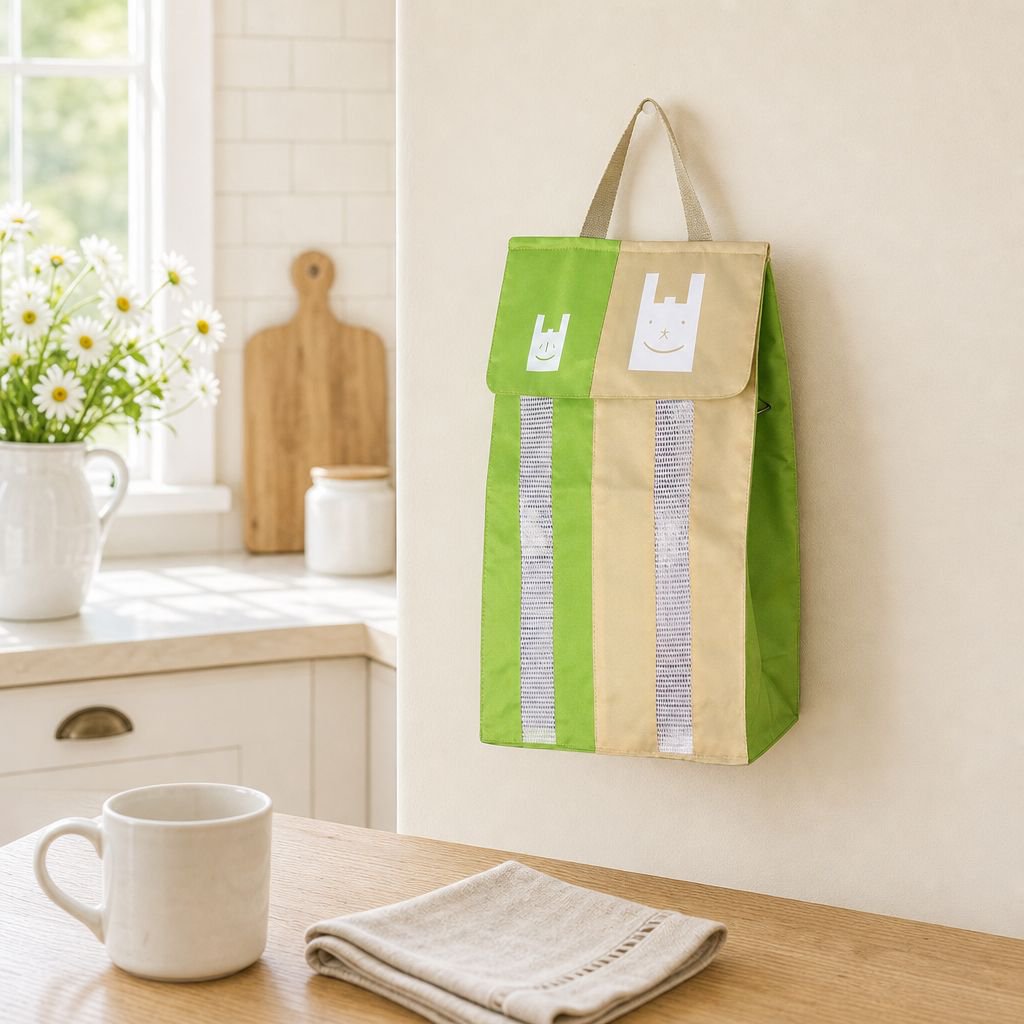 Organized kitchen with wall-mounted garbage bag organizer
