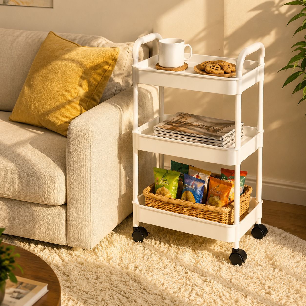 Organizational trolley rack for maximizing room space