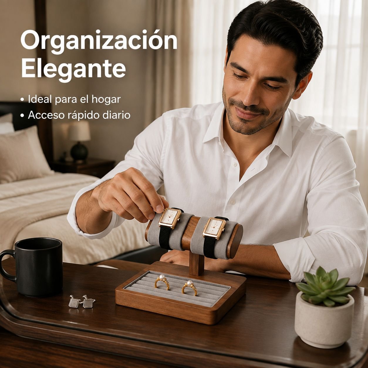 Estante de madera maciza para exhibir relojes y pulseras.