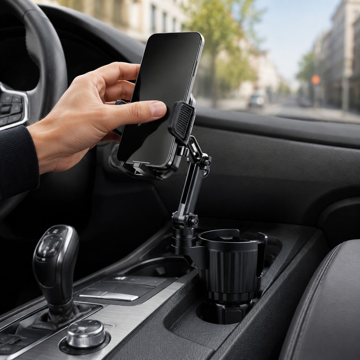 2-in-1 Getränke- und Handyhalter für die Mittelkonsole im Auto