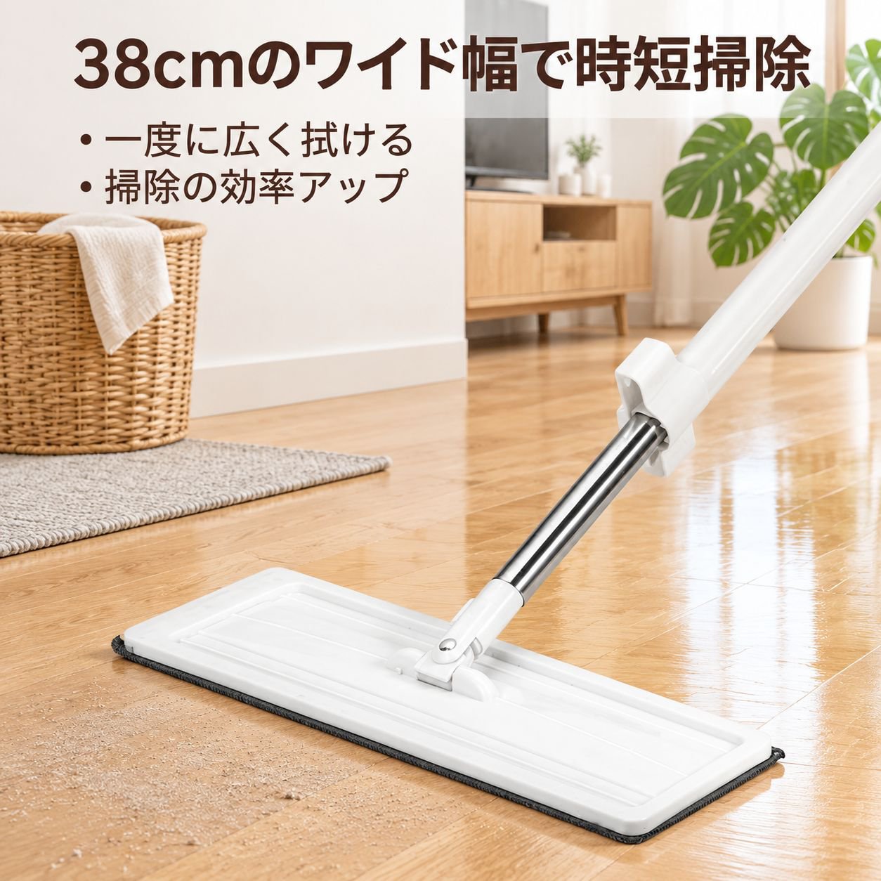 新作 リビング用 ハンズフリー フラットモップ 回転式 大型 ロング柄 乾湿両用 フローリング用