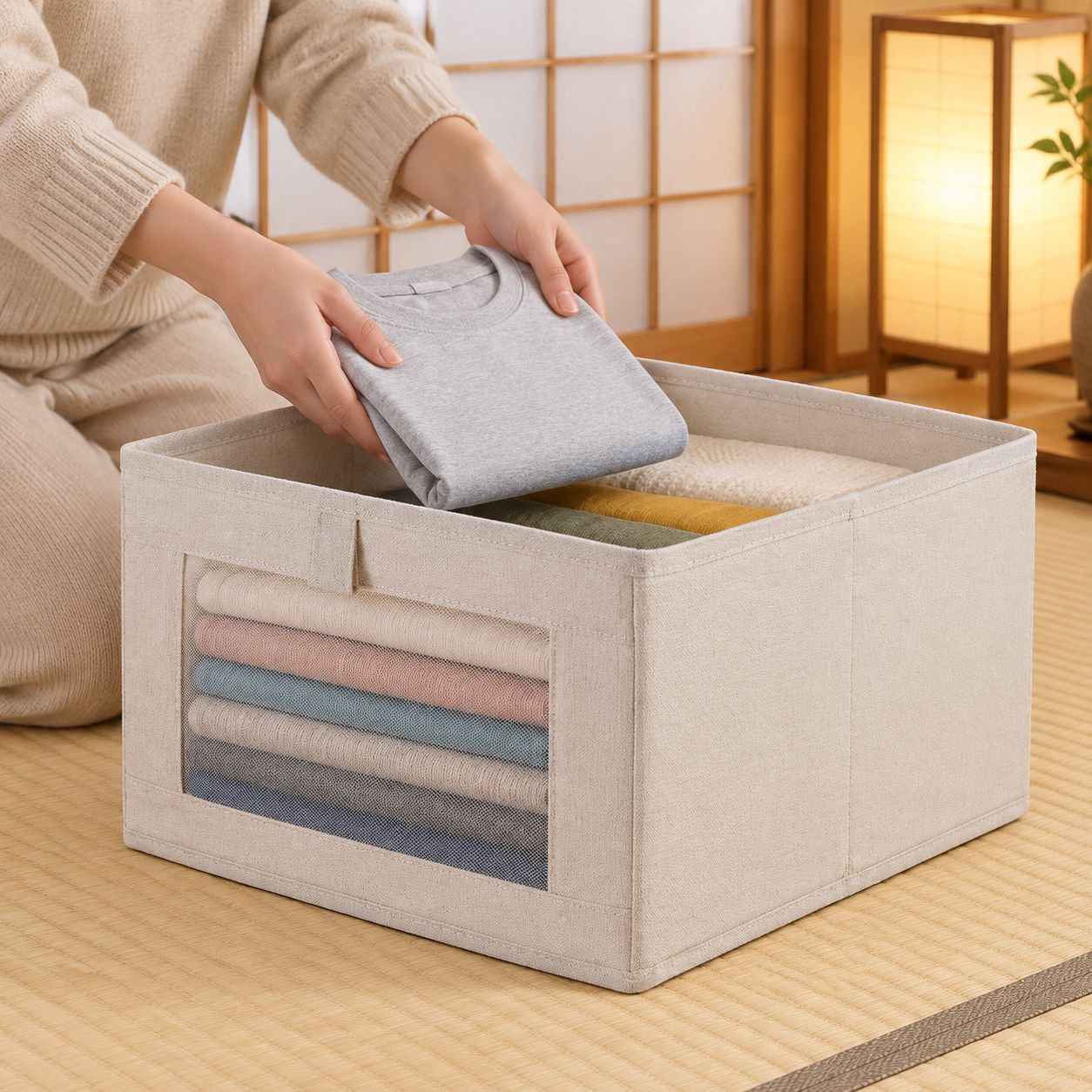 寝室用折りたたみ式コットンリネン整理ボックス