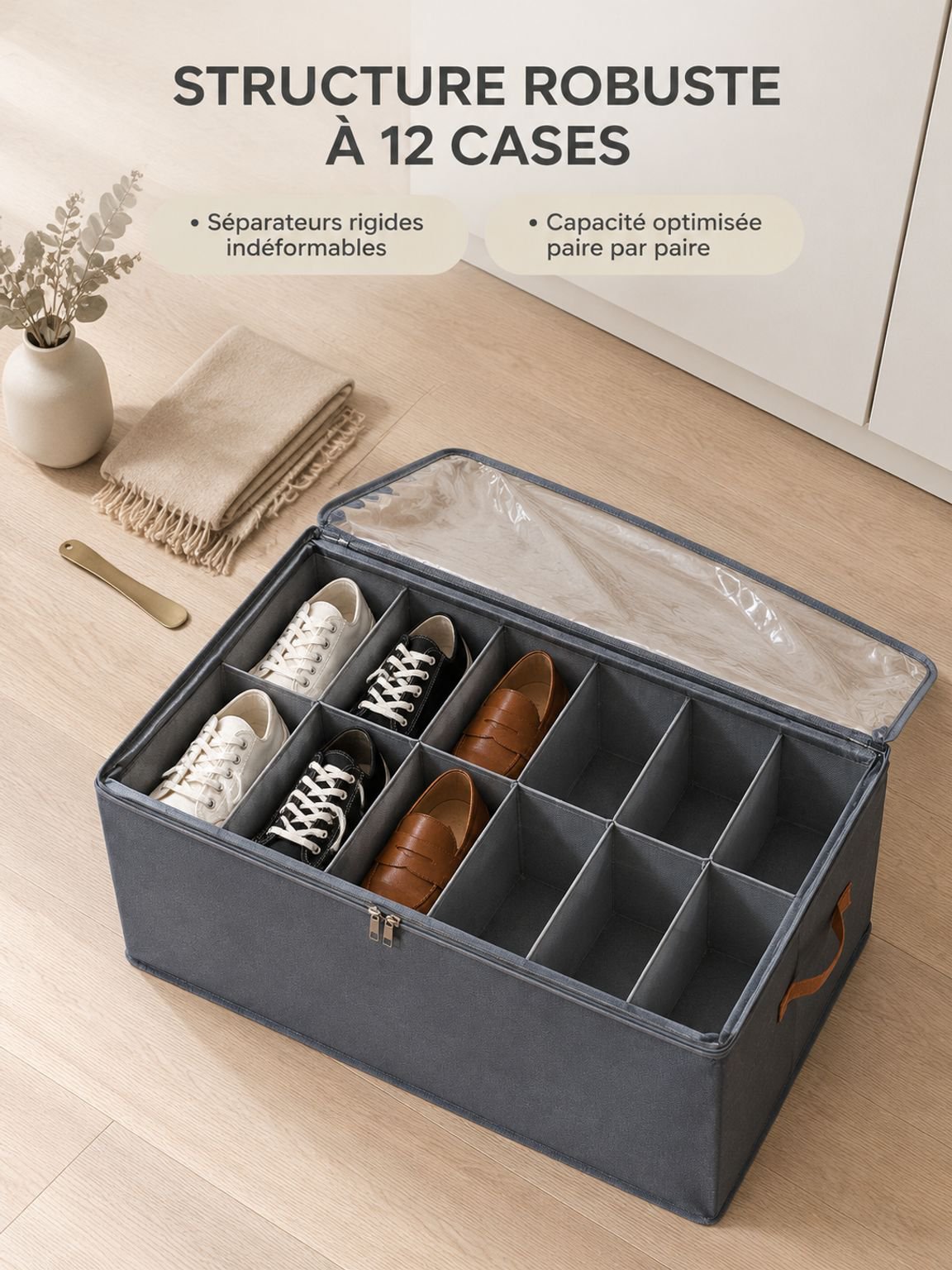 Boîte à chaussures pliable avec couvercle transparent