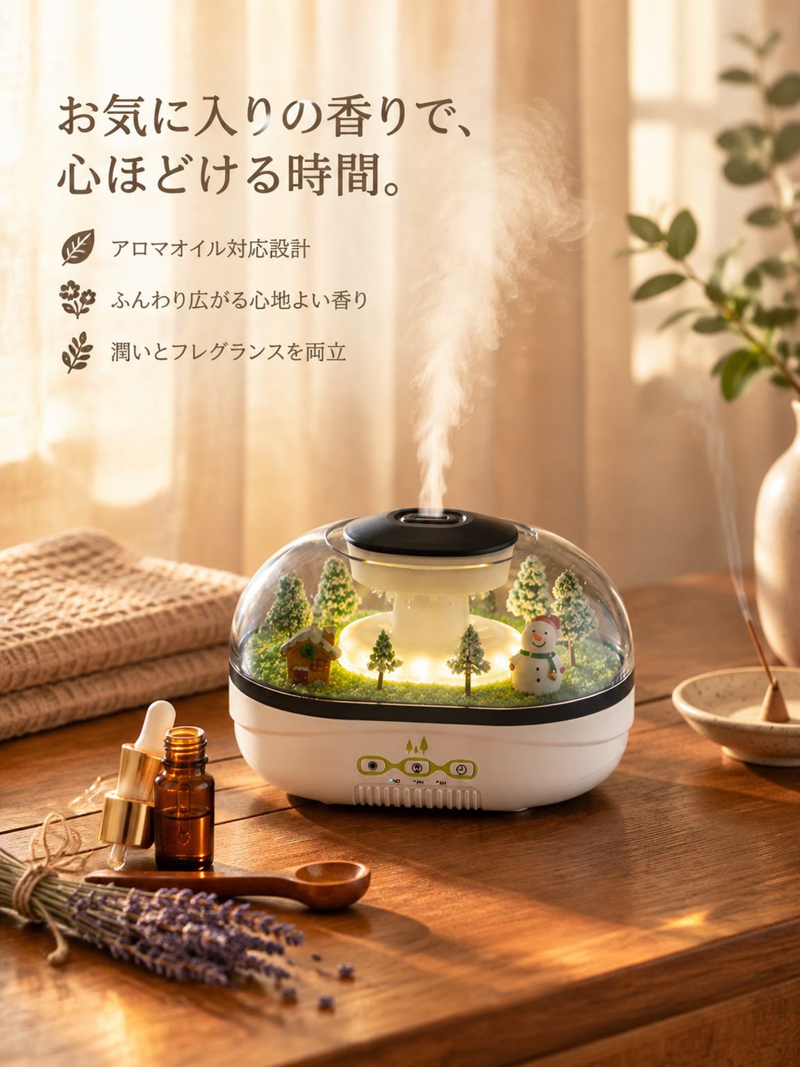 雨粒デザイン 超音波アロマ加湿器 USB静音タイプ 精油対応 ムードライト付き