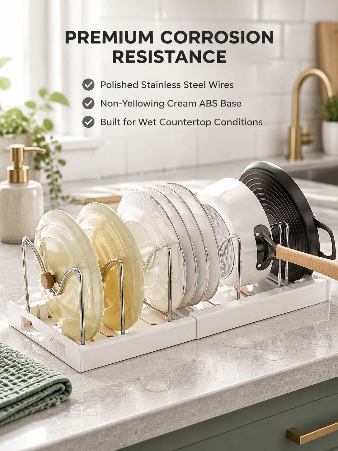 Expandable dish organizer with adjustable slots for plates and lids
