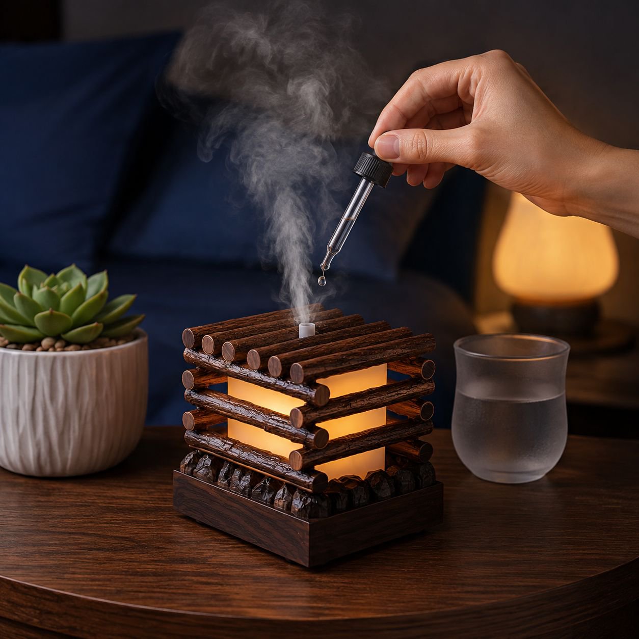 Desktop Flame Aroma Diffuser, Wooden Style Home Humidifier, USB Portable Air Purifier