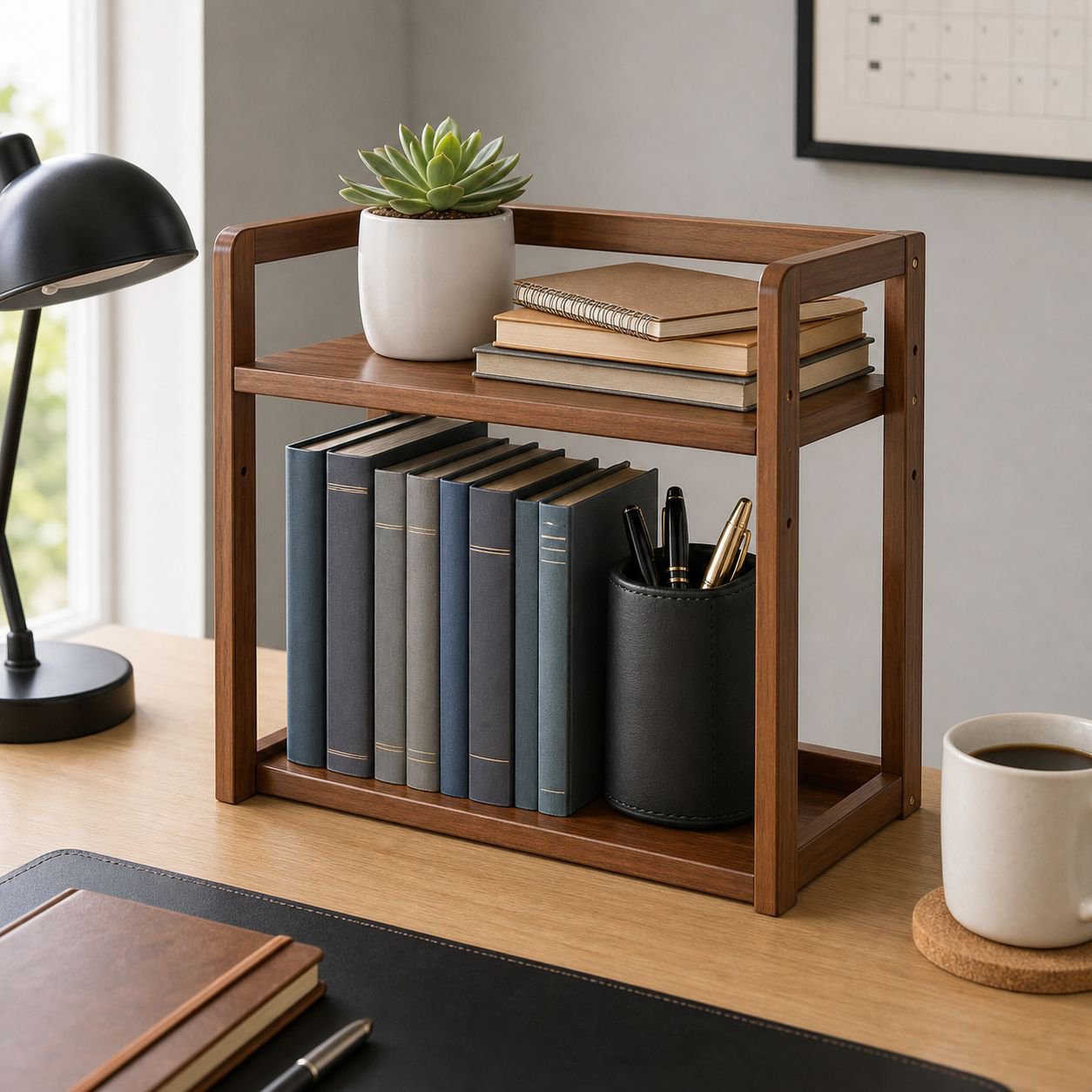 Solid wood adjustable desktop storage shelf on modern desk