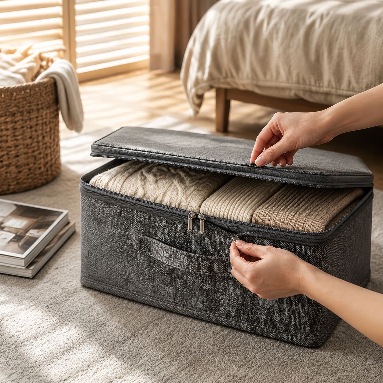 Home Textile Layered Soft Lid Storage Box for Wardrobe Organization