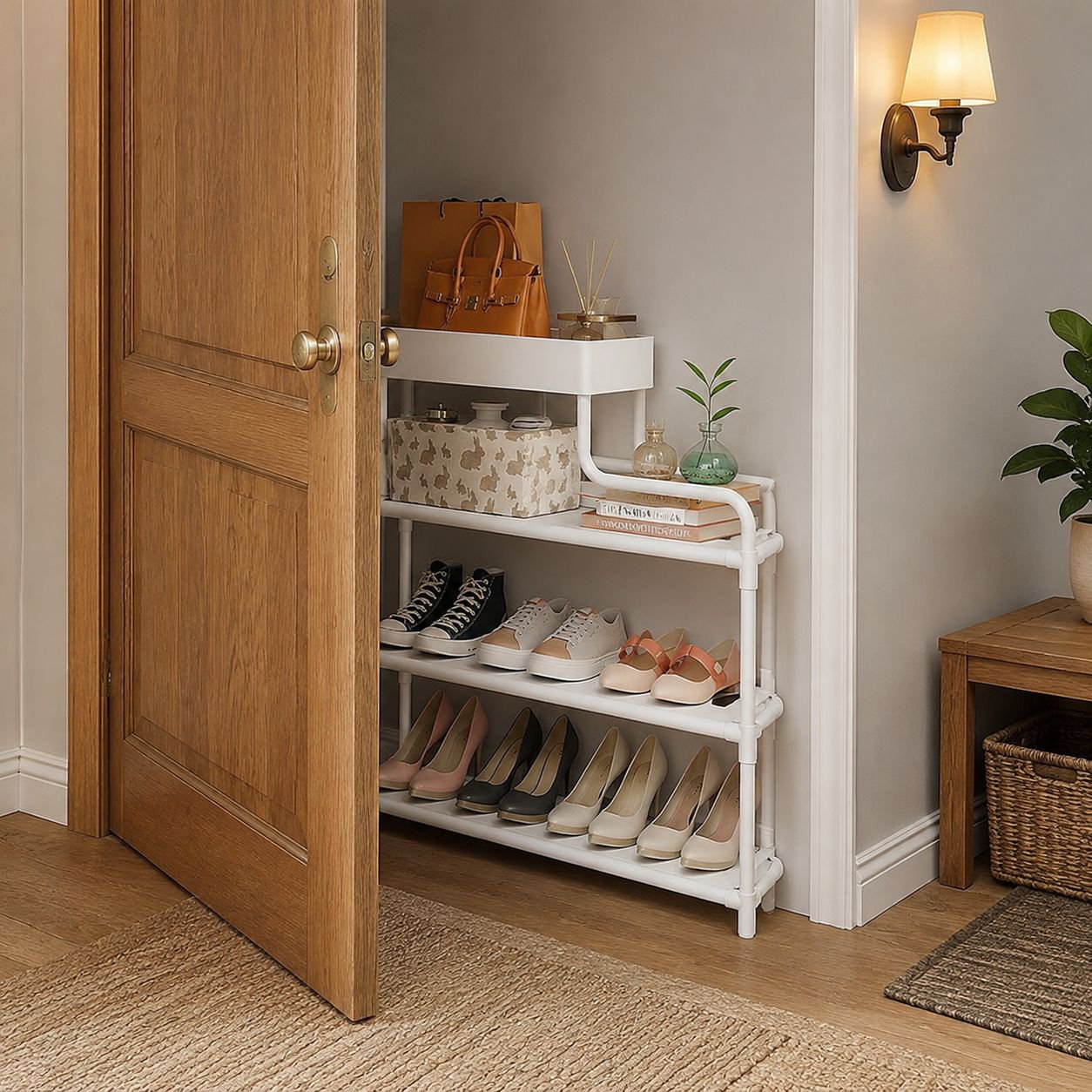 Compact shoe organizer with multiple shelves for small rooms