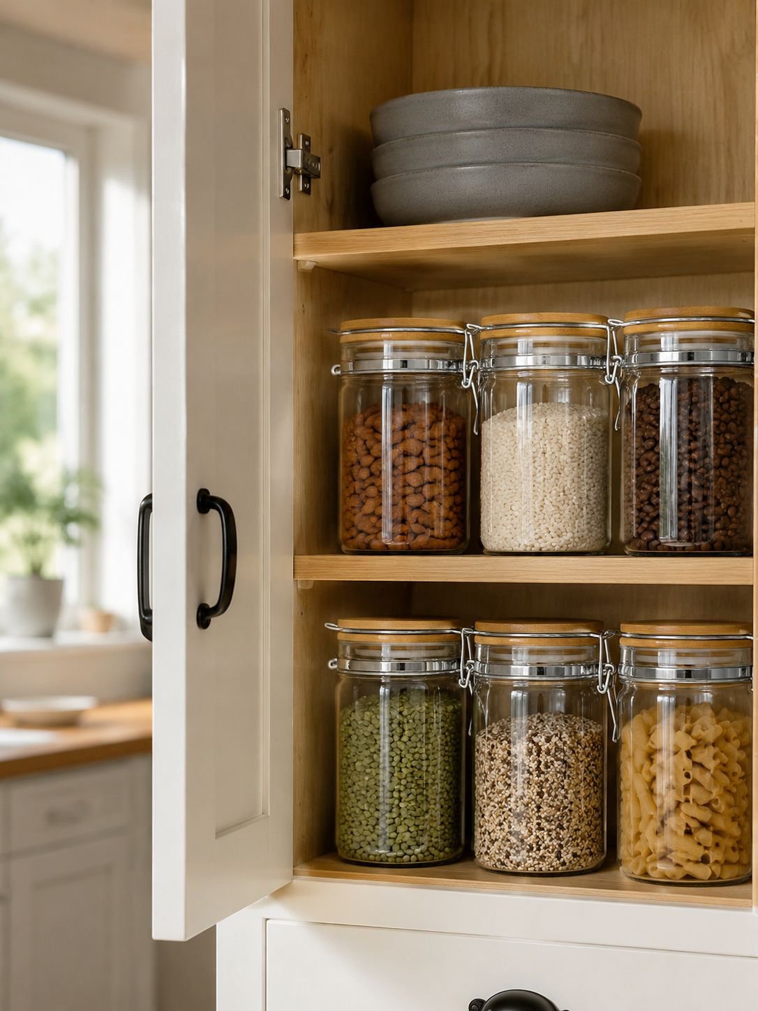 Stackable transparent glass jars for organized kitchen storage