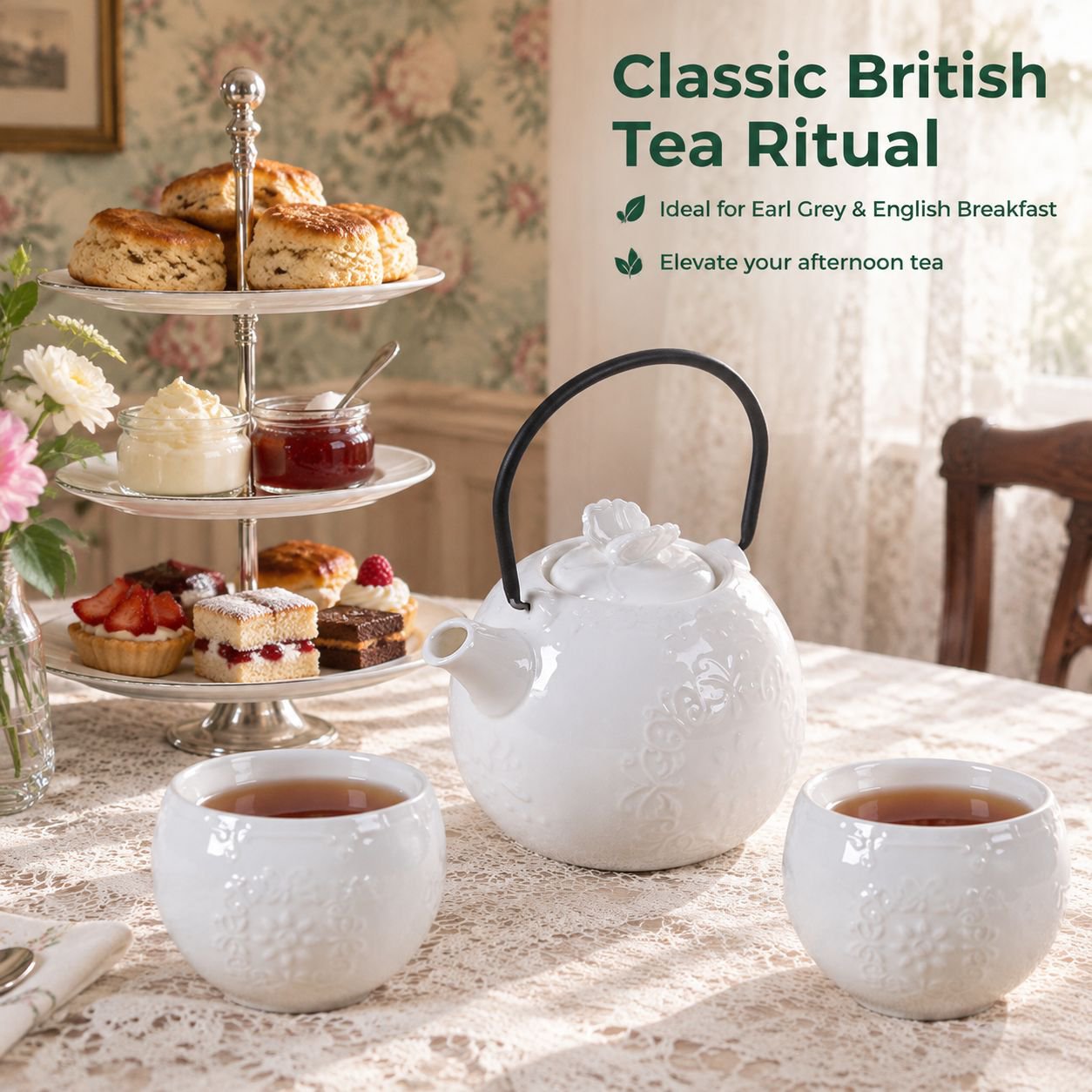 European-style ceramic teapot with butterfly relief