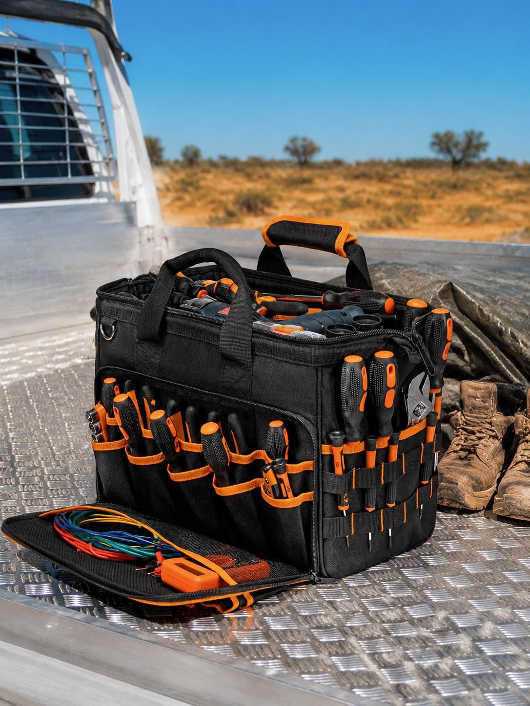 17-inch Heavy Duty Electrician Bag for Men, Foldable Wide-Mouth Storage Bag with Adjustable Shoulder
