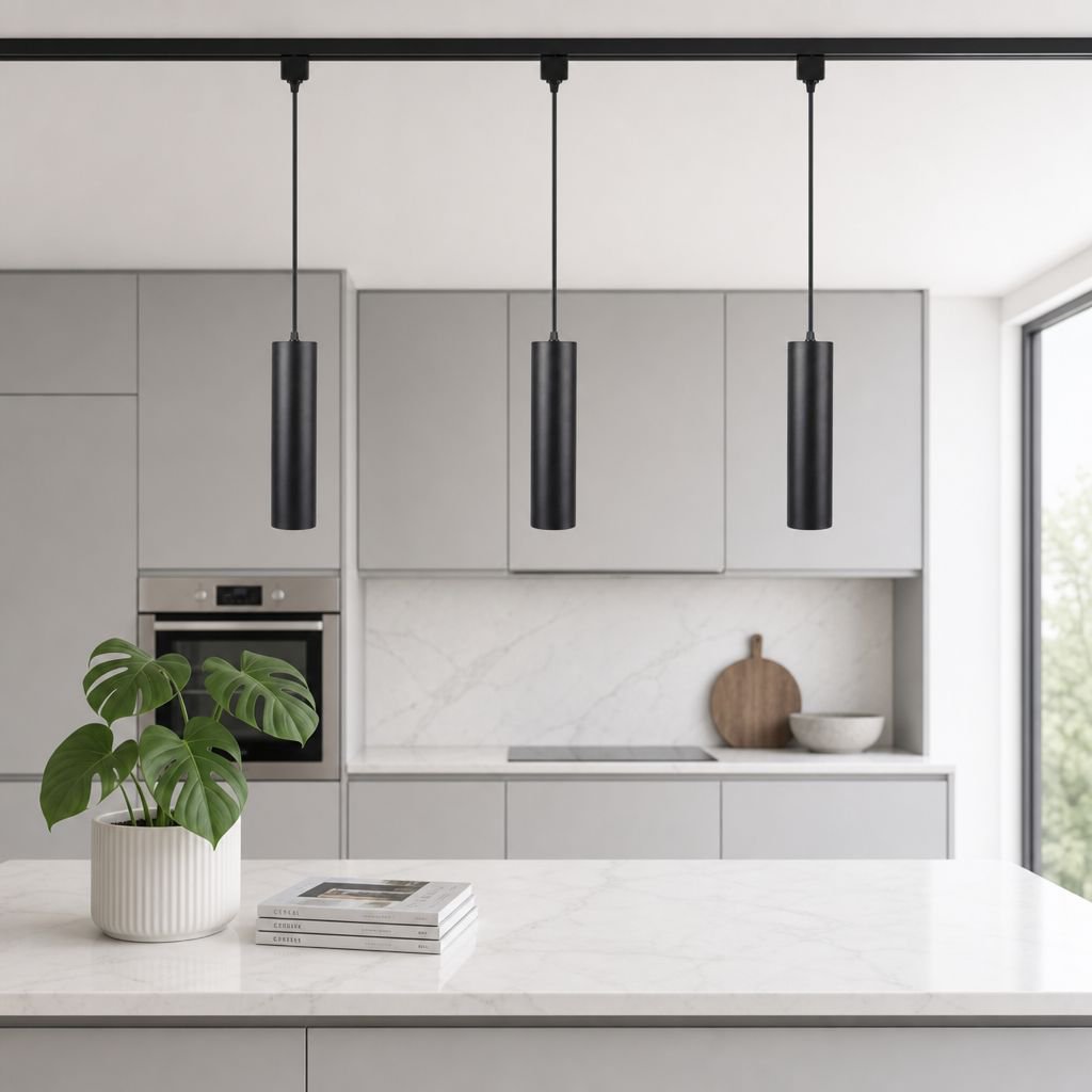 Modern Nordic style chandelier in restaurant kitchen