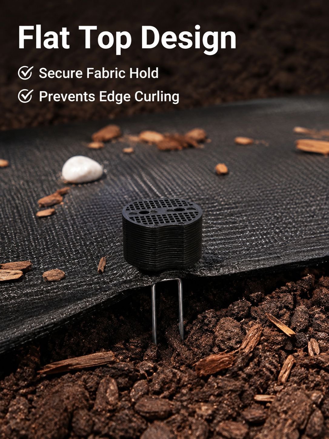High-quality steel ground pegs securing weed barrier in a garden