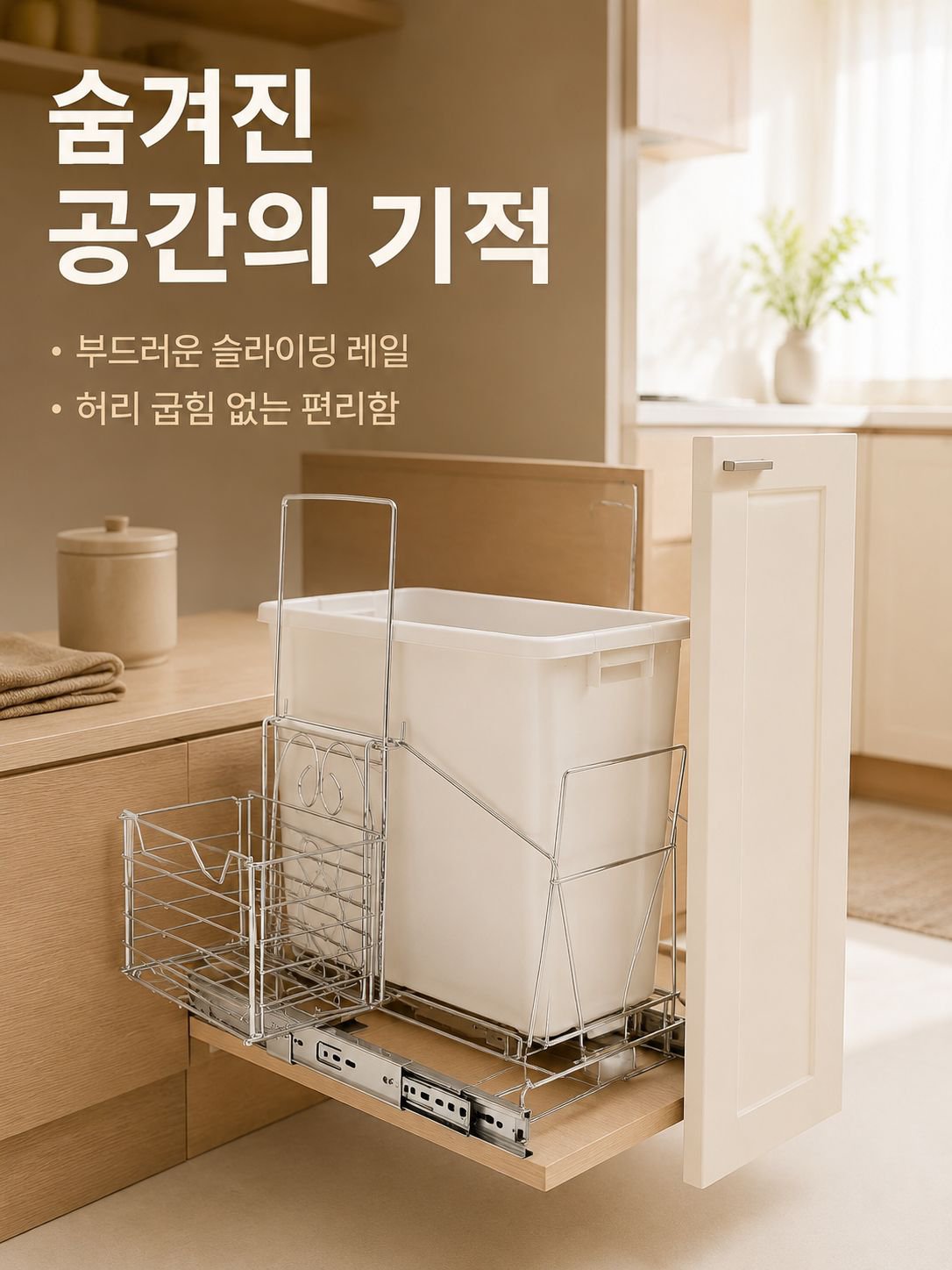 레일형 주방 캐비닛 하강식 쓰레기통 거치대