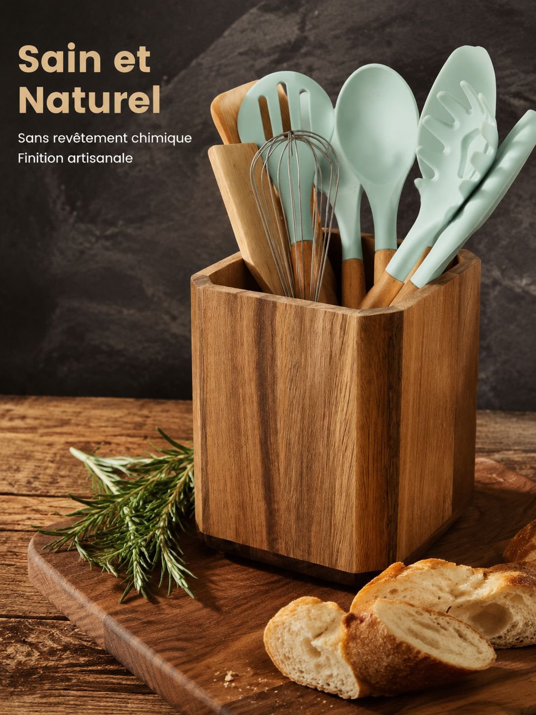 Acacia wood cutlery rack rotatable kitchen utensil storage box wooden tube chopstick cage pen holder