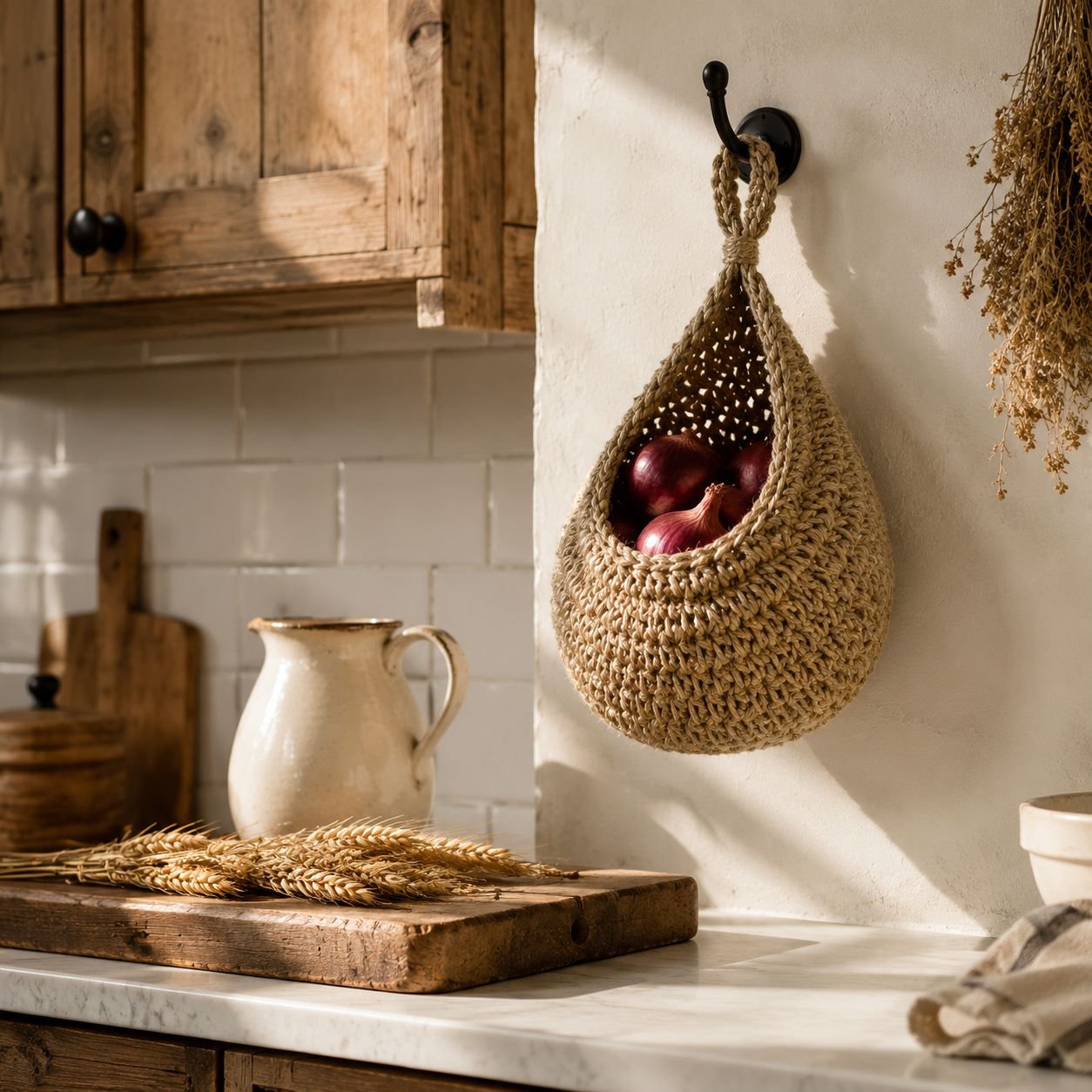 Natural cotton cord storage bag for kitchen organization