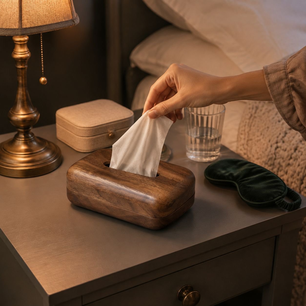High-end wooden tissue holder in minimalist setting