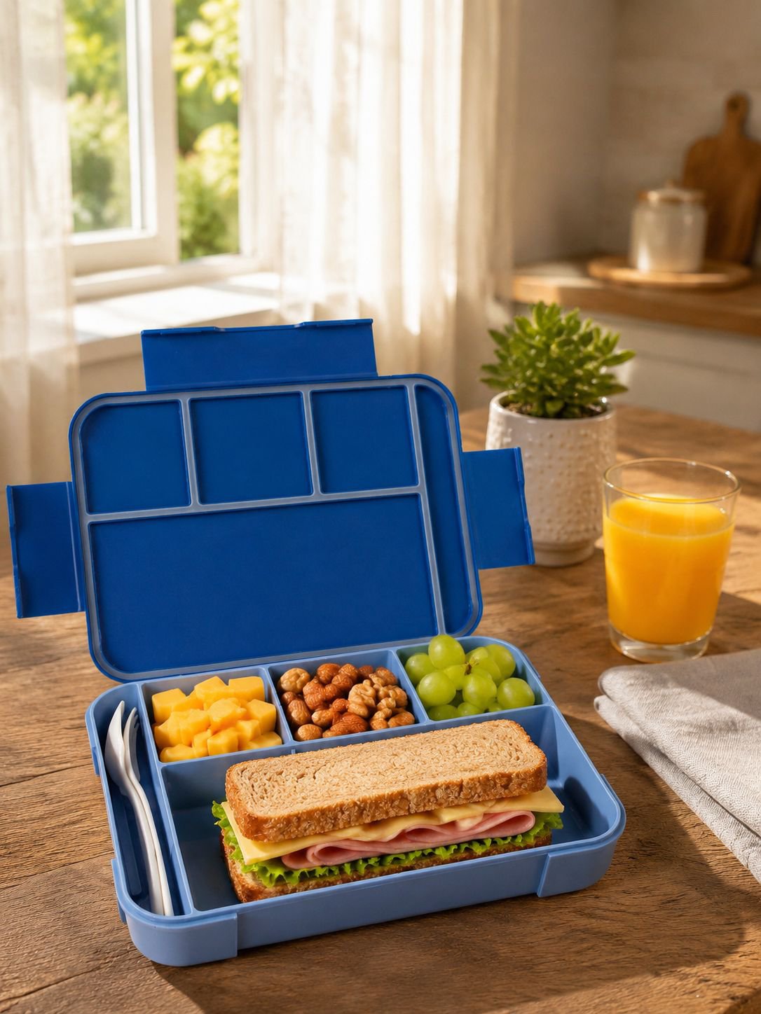 Compacte lunchbox met bestek voor kantoor en onderweg