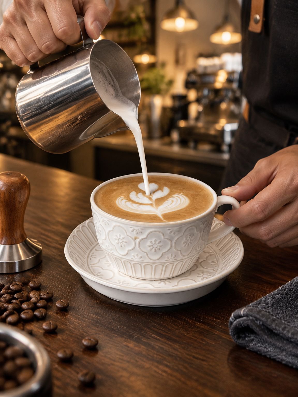 Set of French-style embossed coffee cups and saucers on a wooden table
