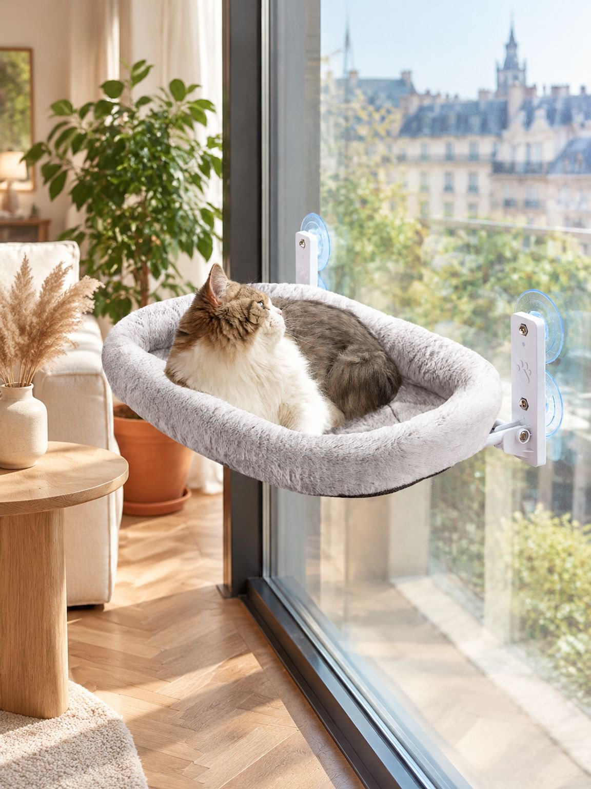 Hamac pour chat à ventouse fixé sur une fenêtre