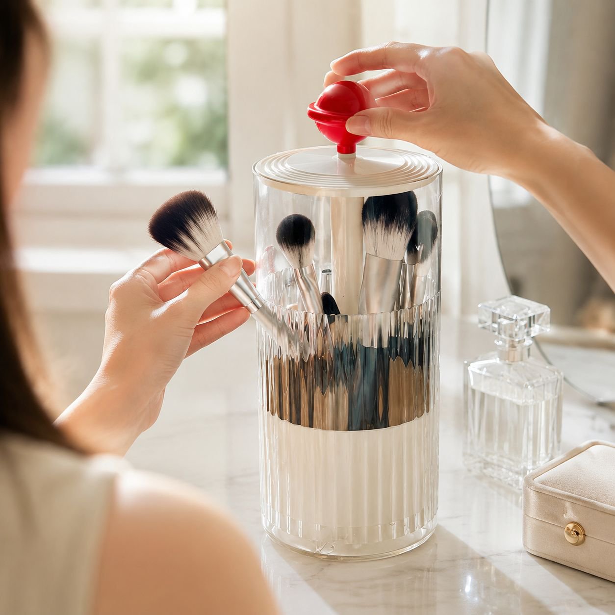 Automatic Lifting Makeup Brush Storage Holder for easy brush access