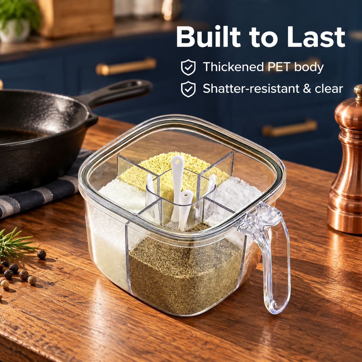 Multi-compartment spice container with separate sections for seasonings