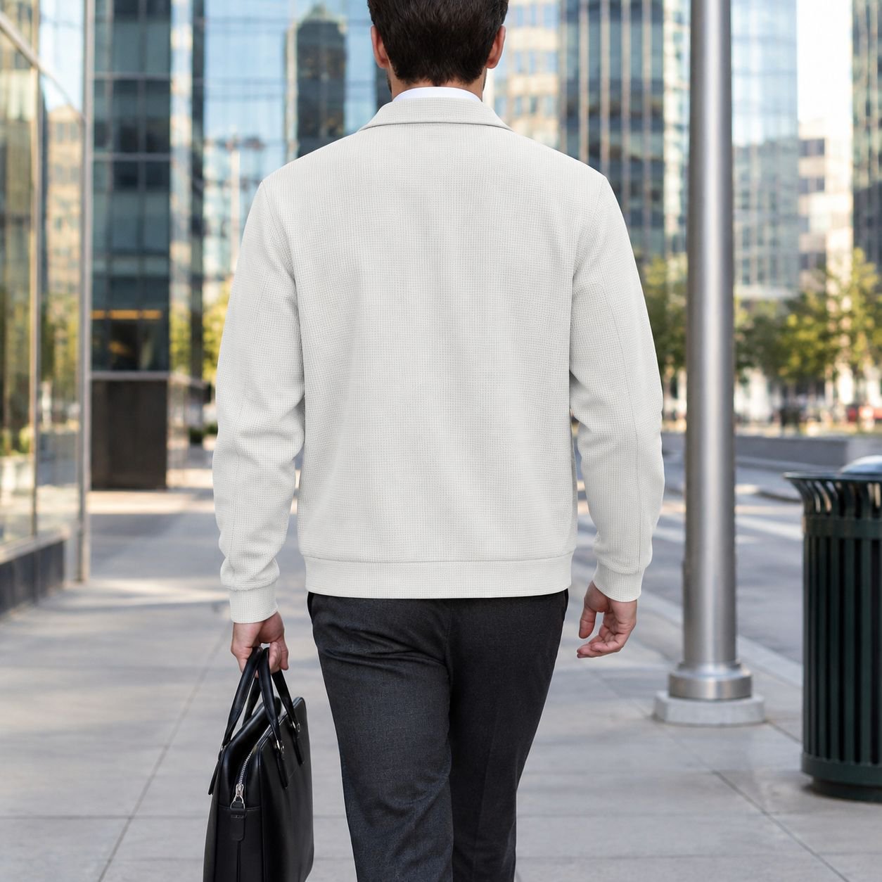 Front view of wrinkle-resistant zipper waffle knit cardigan