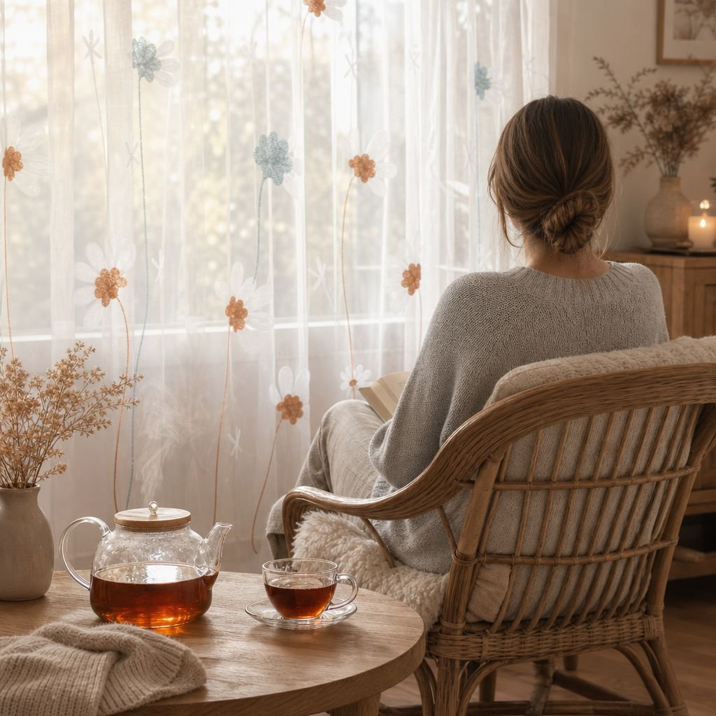 Window screen with chrysanthemum embroidery, simple and transparent modern fabric, suitable for livi