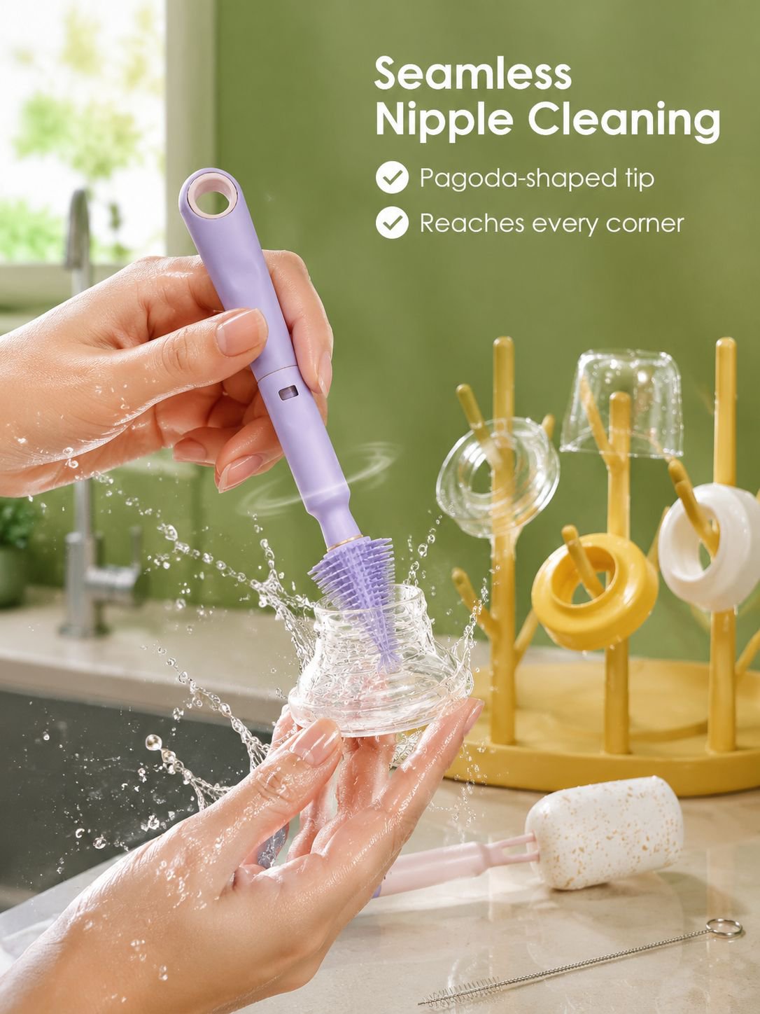 Silicone nipple brush included with bottle brush set
