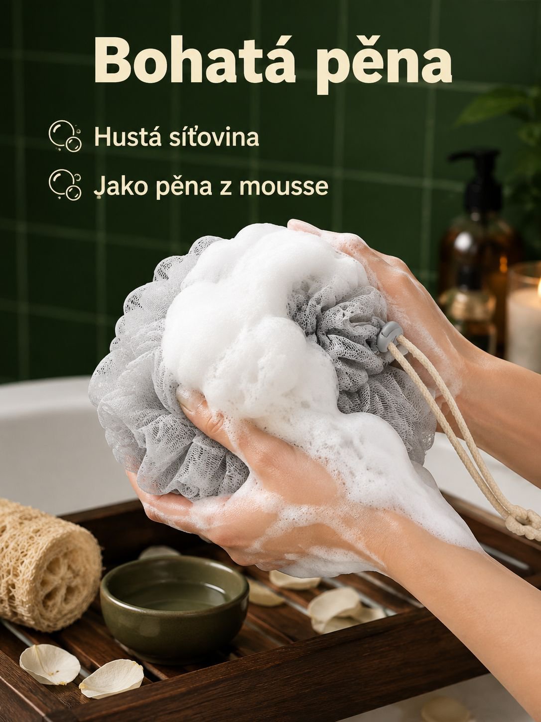 Síťka na výrobu pěny do koupele s provázkem