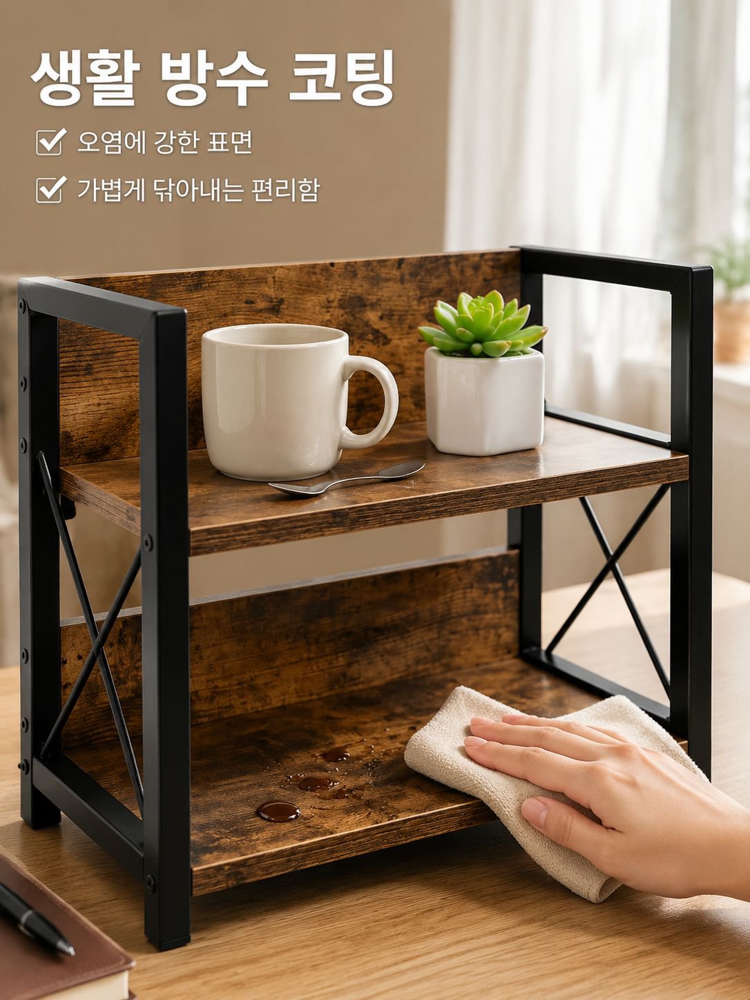 철제와 나무 소재를 조합한 수납 선반