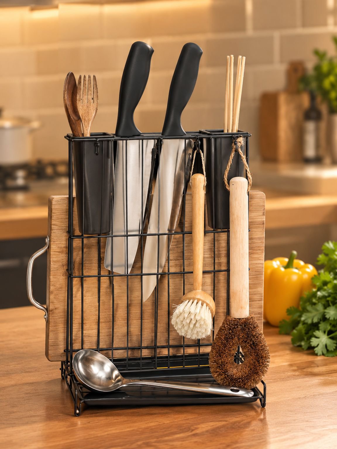 Soporte doméstico para cucharas con tabla de picar