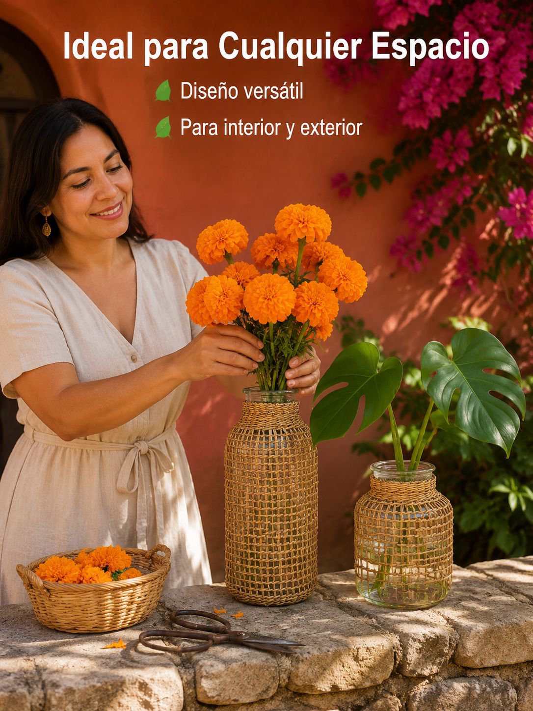 Jarrón de vidrio con mimbre para jardín, doble uso para flores secas y plantas acuáticas