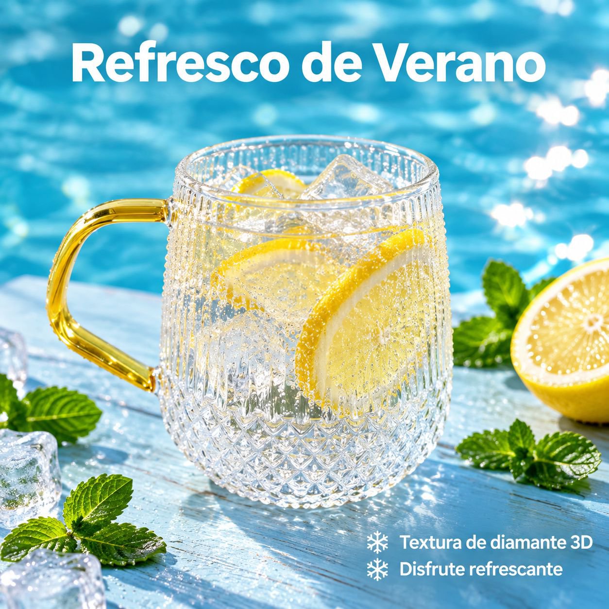 Vaso de vidrio de borosilicato de alta calidad con asa y rayas verticales