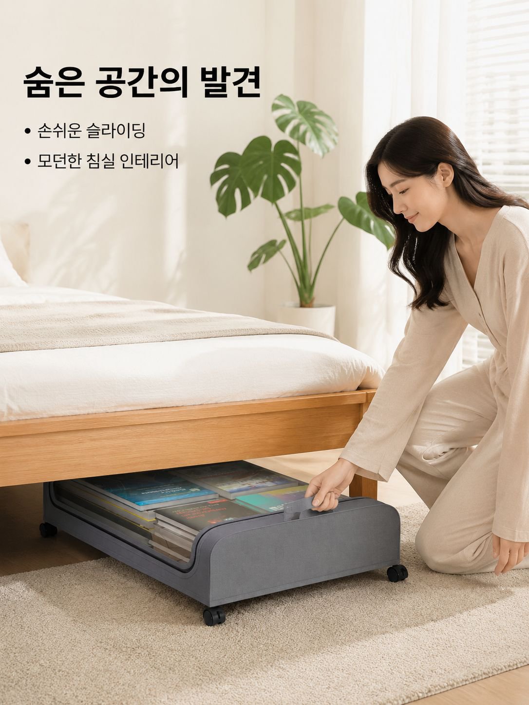 접이식 침대 밑 수납박스 바퀴형 침대 아래 정리함 의류 신발 보관함 뚜껑 포함