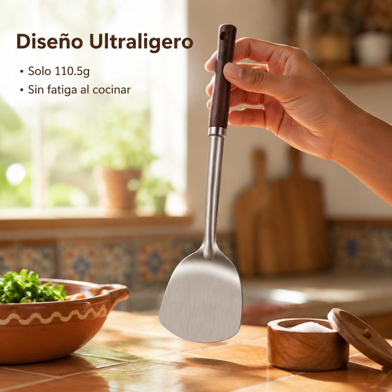 Espátula de acero inoxidable con mango de madera