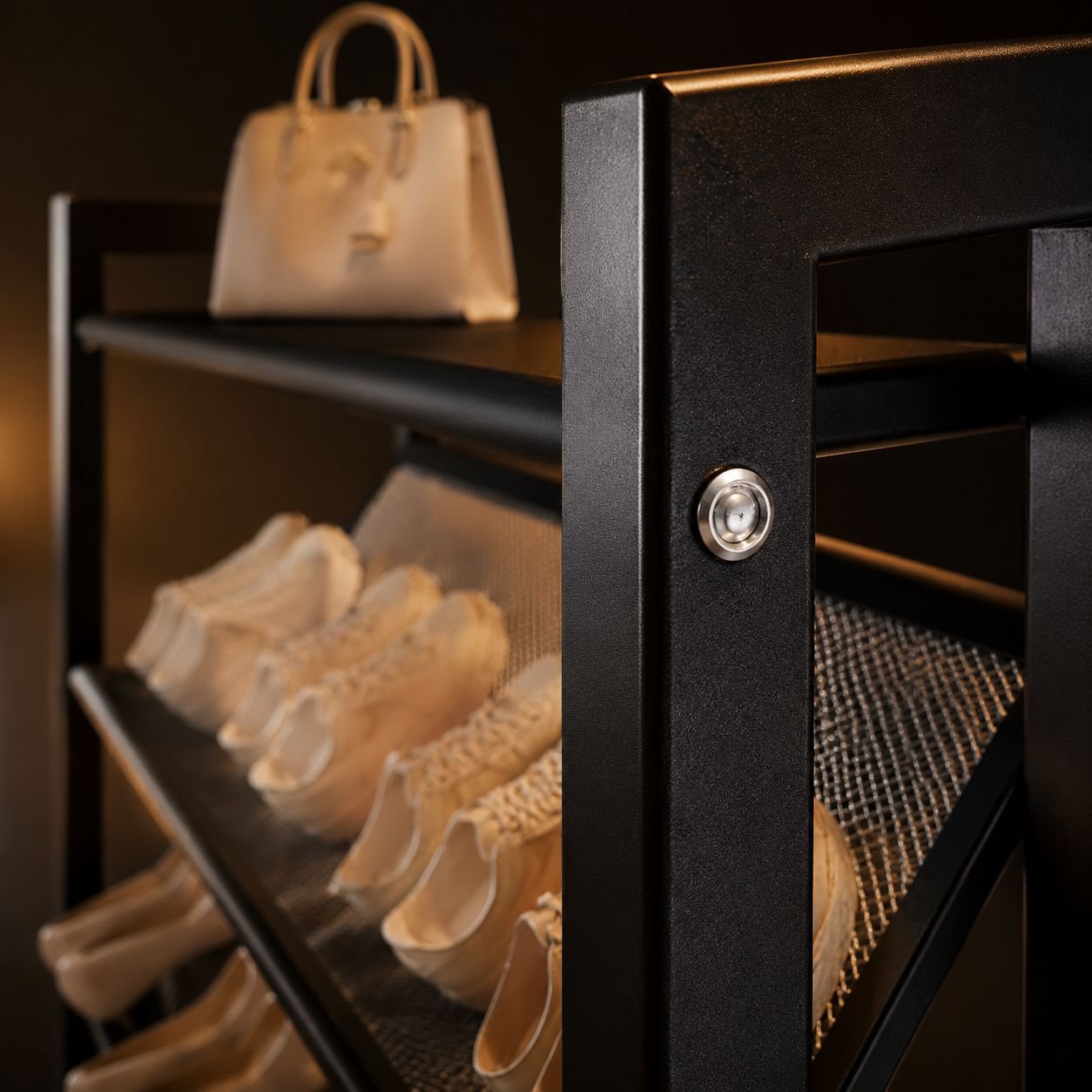 Slanted mesh breathable shoe cabinet behind door