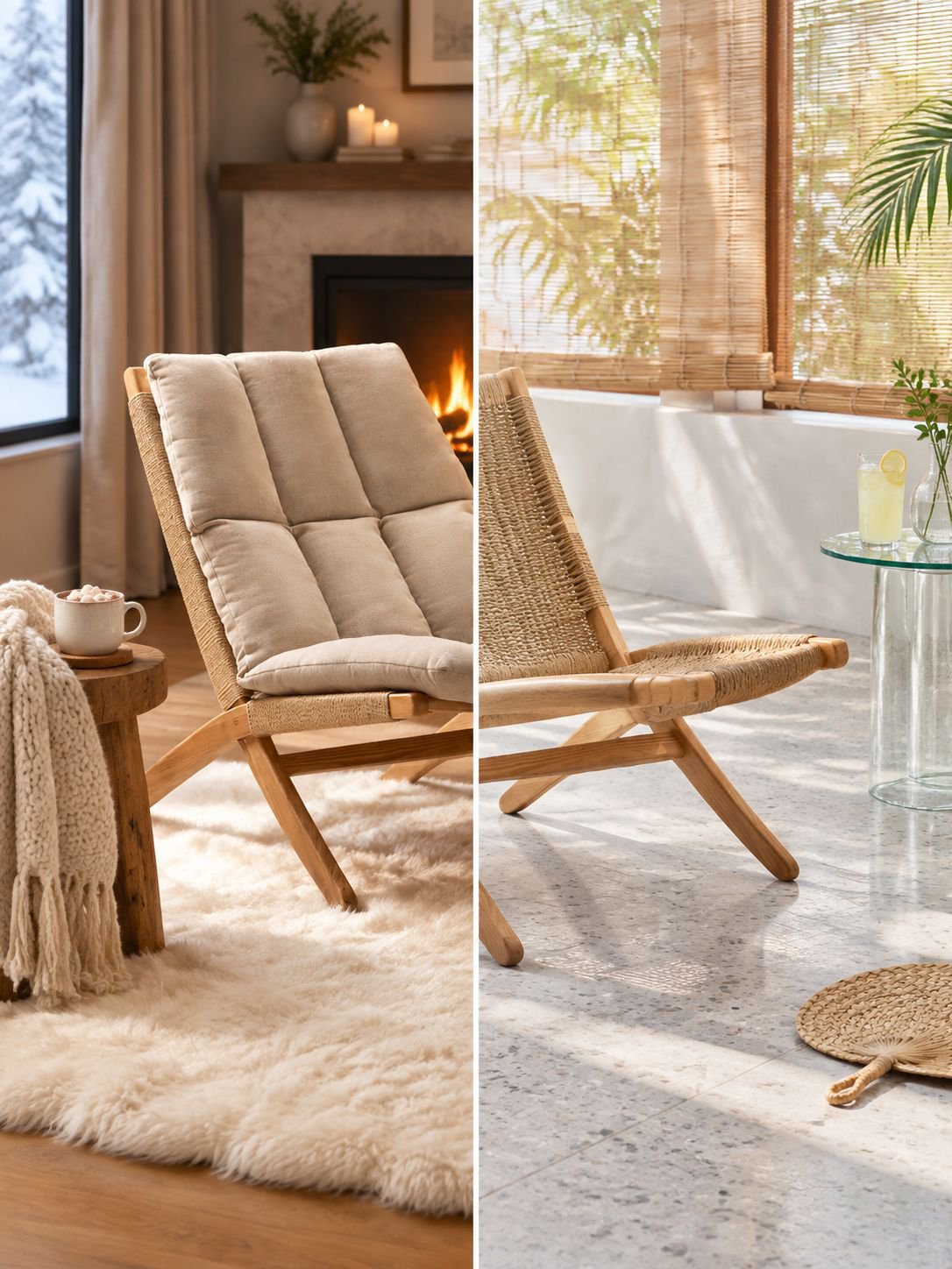 Fauteuil à dossier en chêne rouge massif, utilisable en hiver et en été