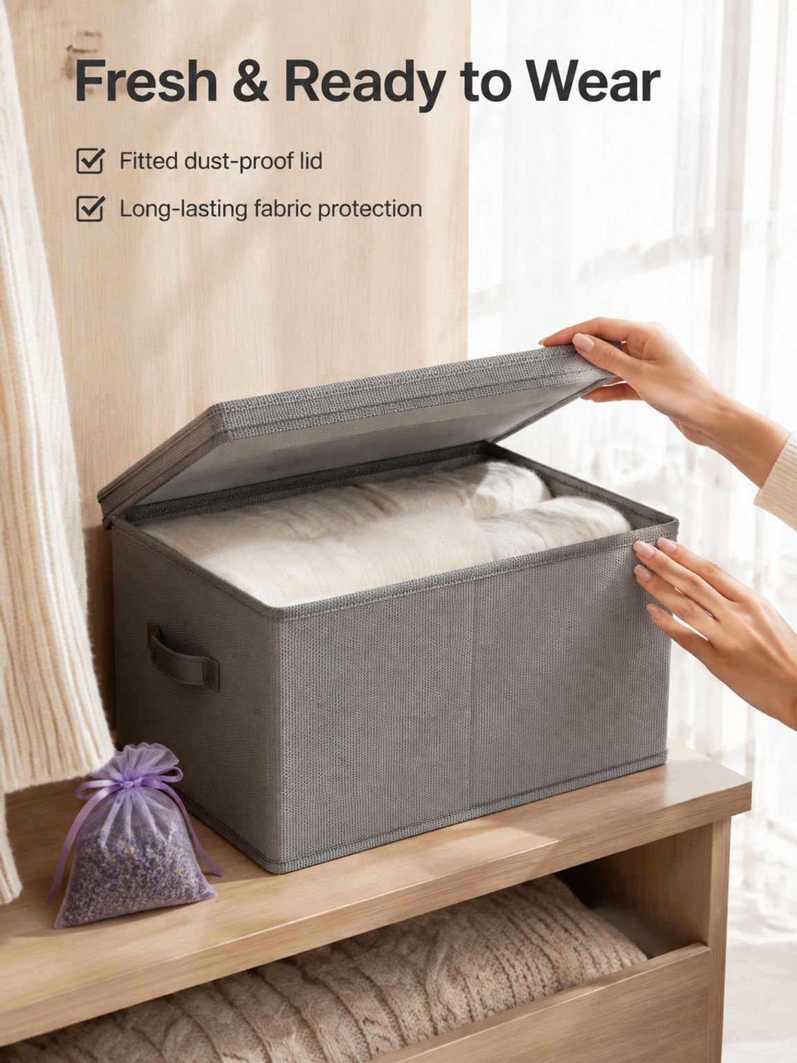 Closet organizer bin holding clothes and accessories