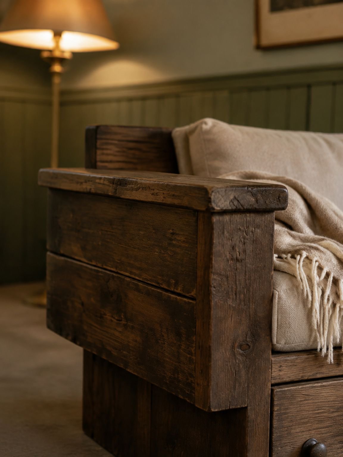 Rustic two-seater living room sofa with storage space