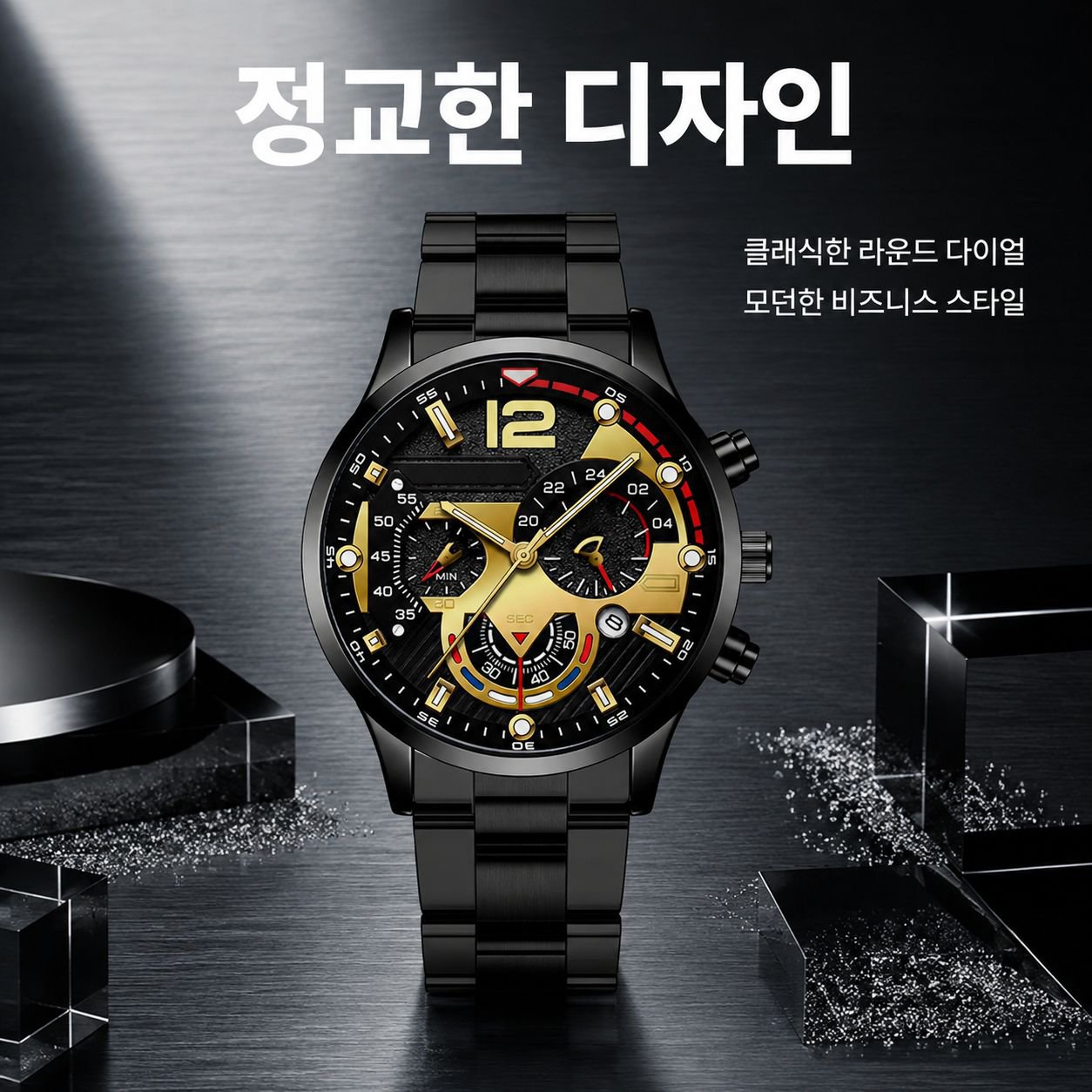남성용 원형 다이얼, 야광 바늘, 스틸 스트랩, 쿼츠 시계