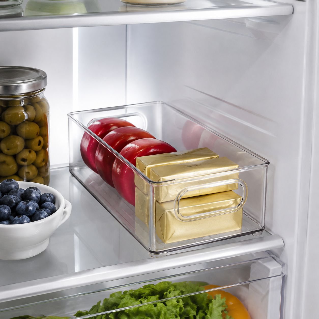 Stackable food storage bins saving space in refrigerator