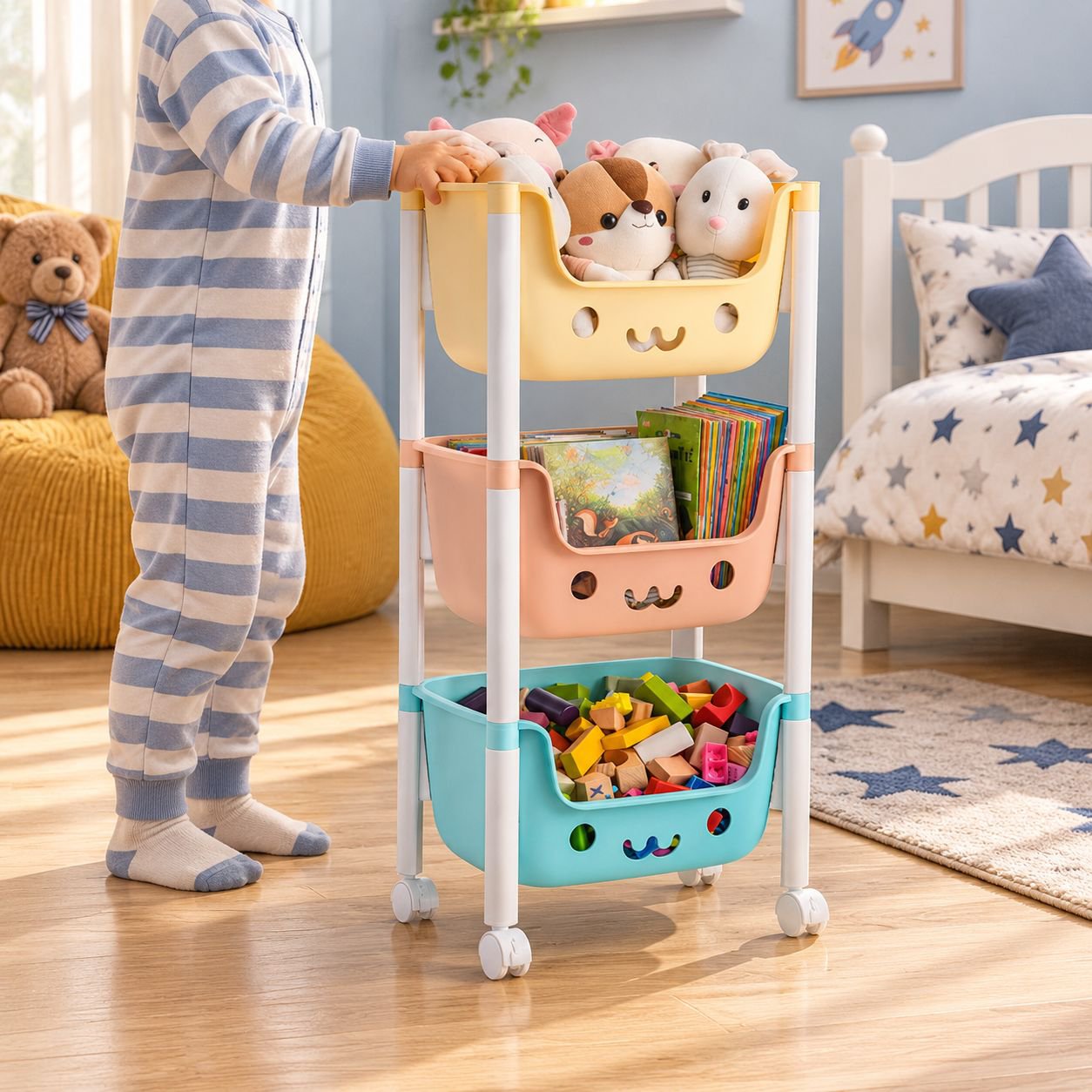Kids' toy storage cart with wheels for easy movement