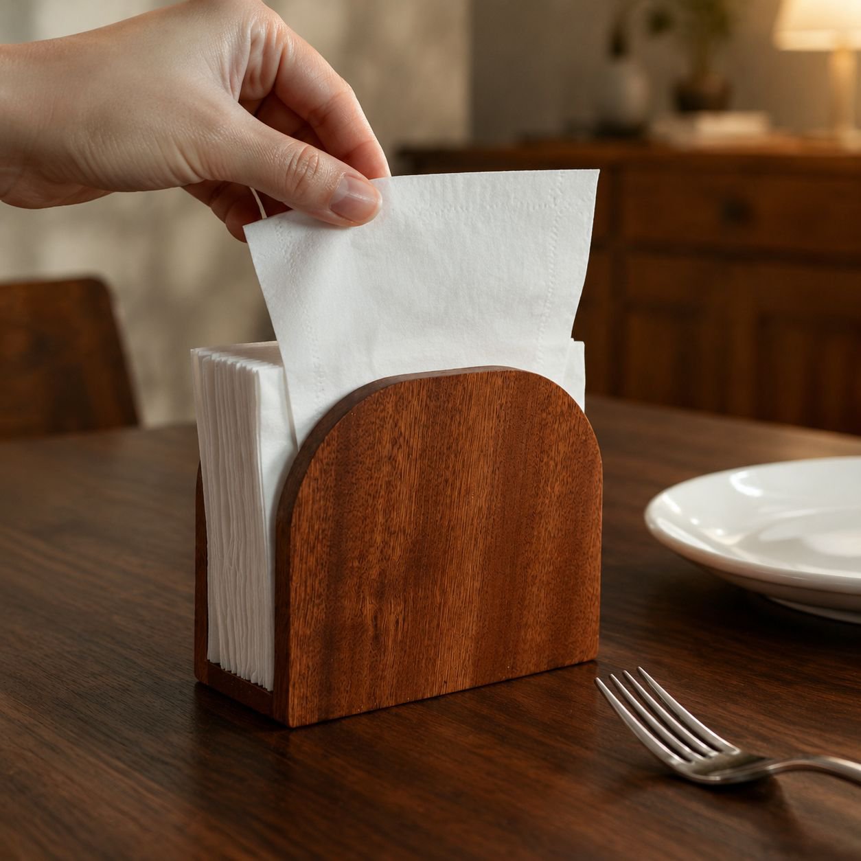 Porta servilletas vertical de madera roja en mesa de restaurante