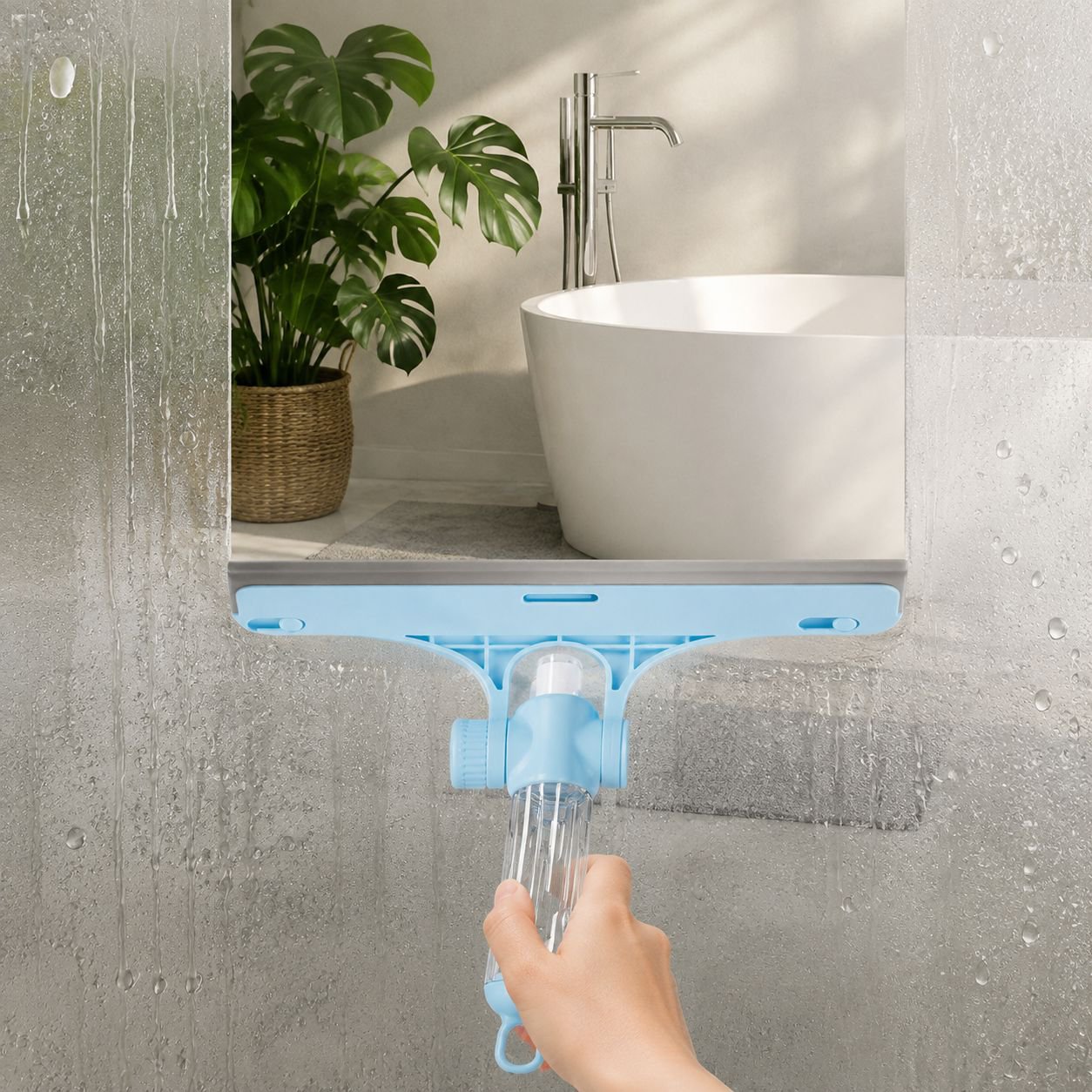 Mopa ergonómica con raspador y botella de spray, diseño de almacenamiento conveniente