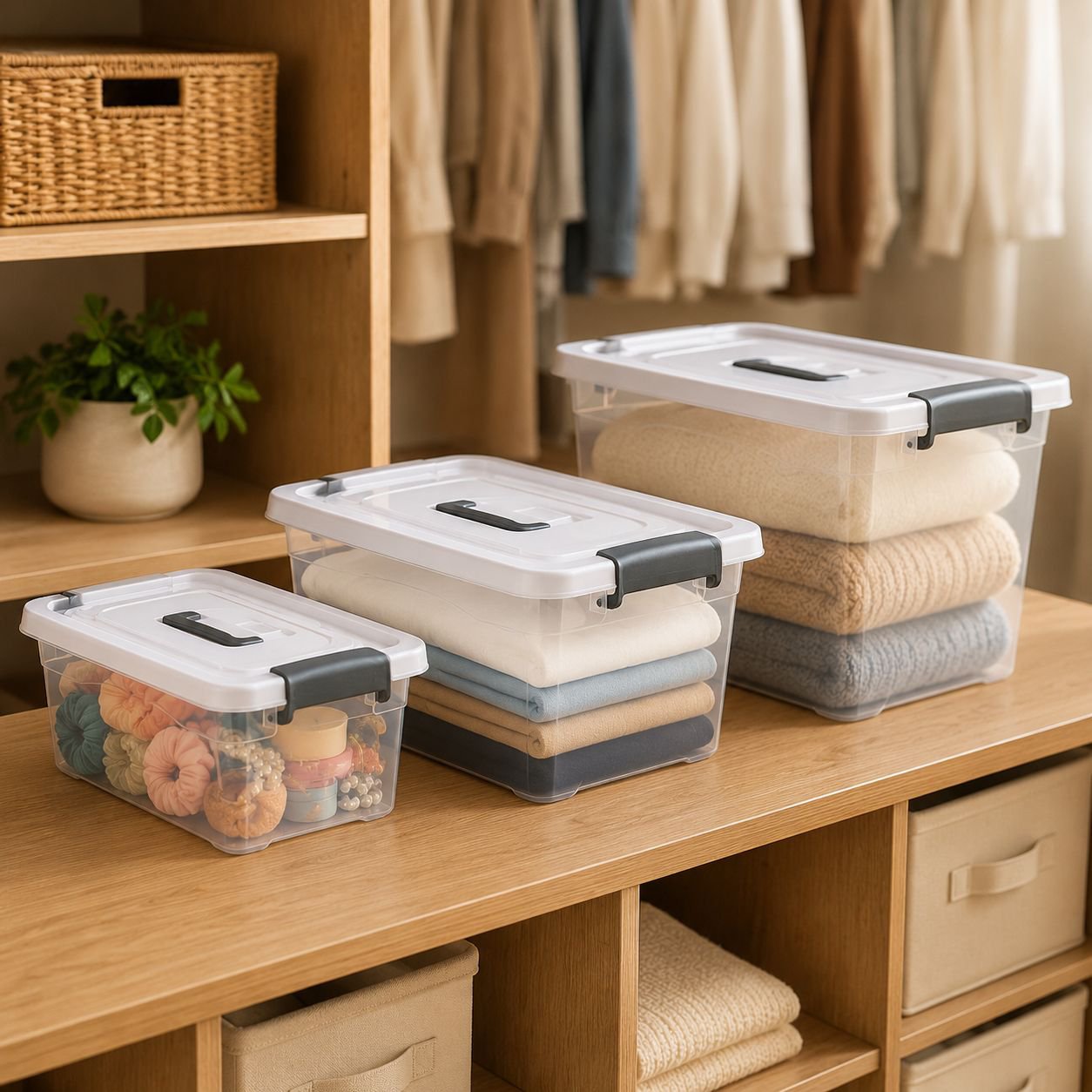 Modern 35L foldable transparent plastic storage box front view
