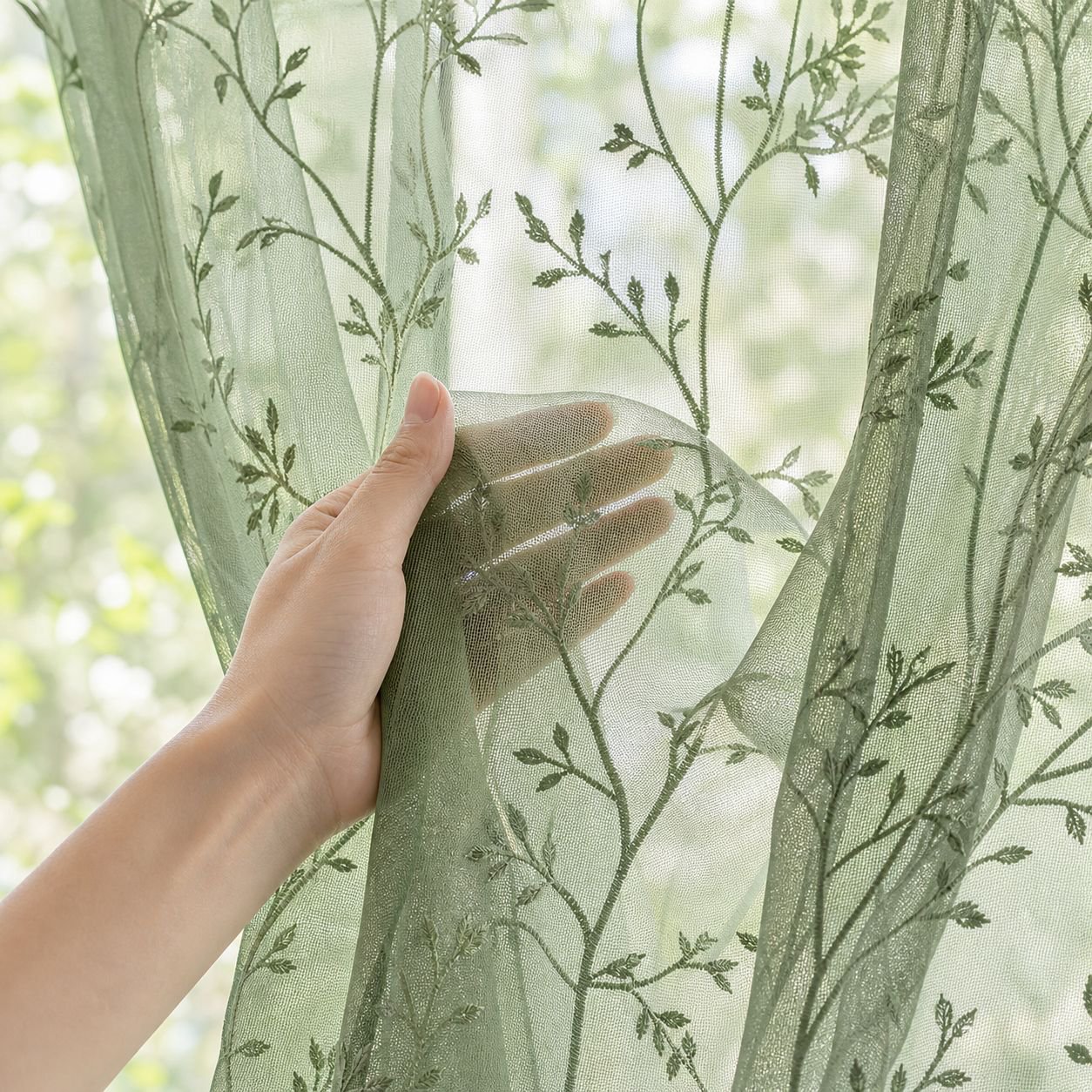 Close-up of tree branch pattern on blackout curtain